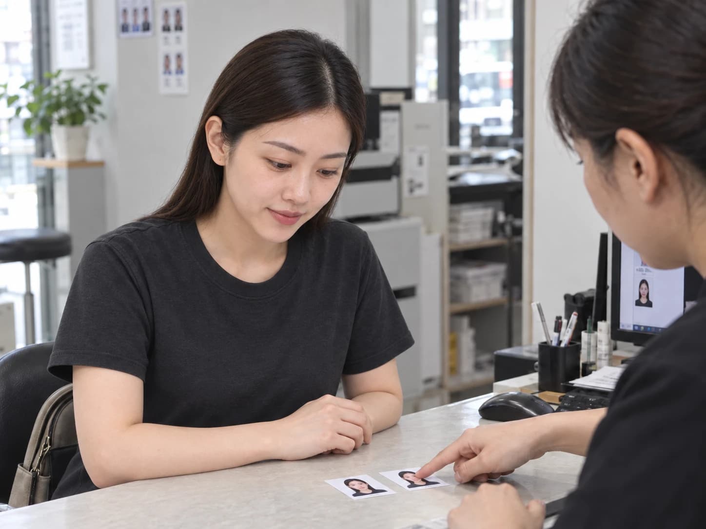與店員確認照片用途與尺寸，AI 流程情境示意