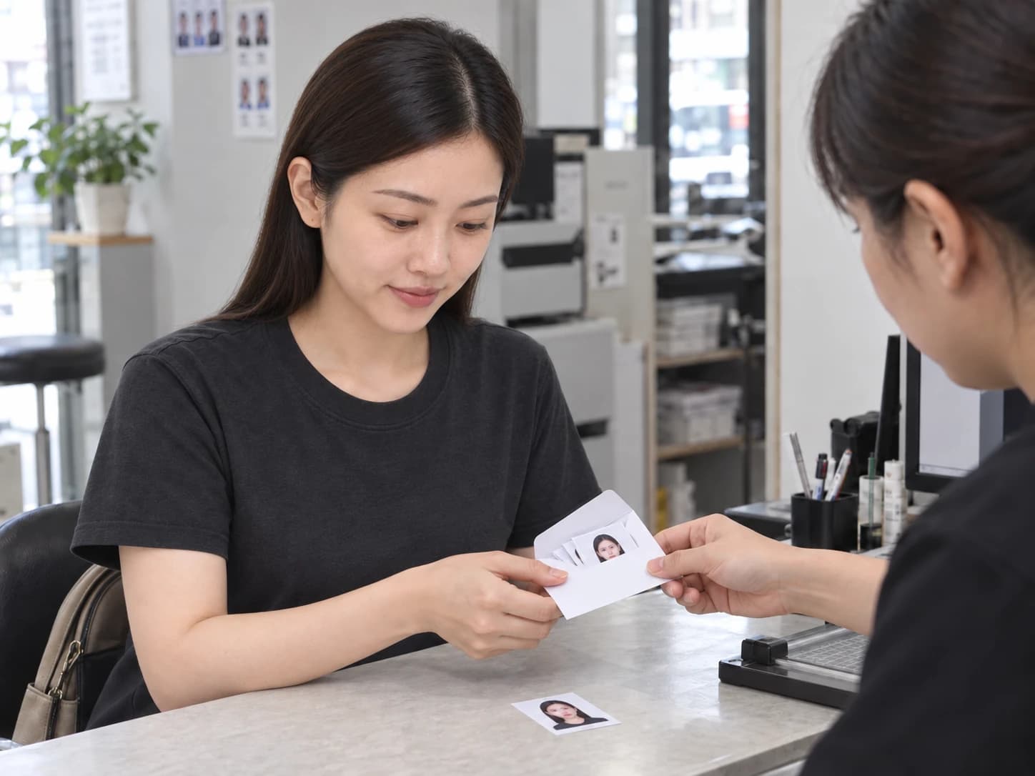 領取已裁切的照片與信封，AI 流程情境示意