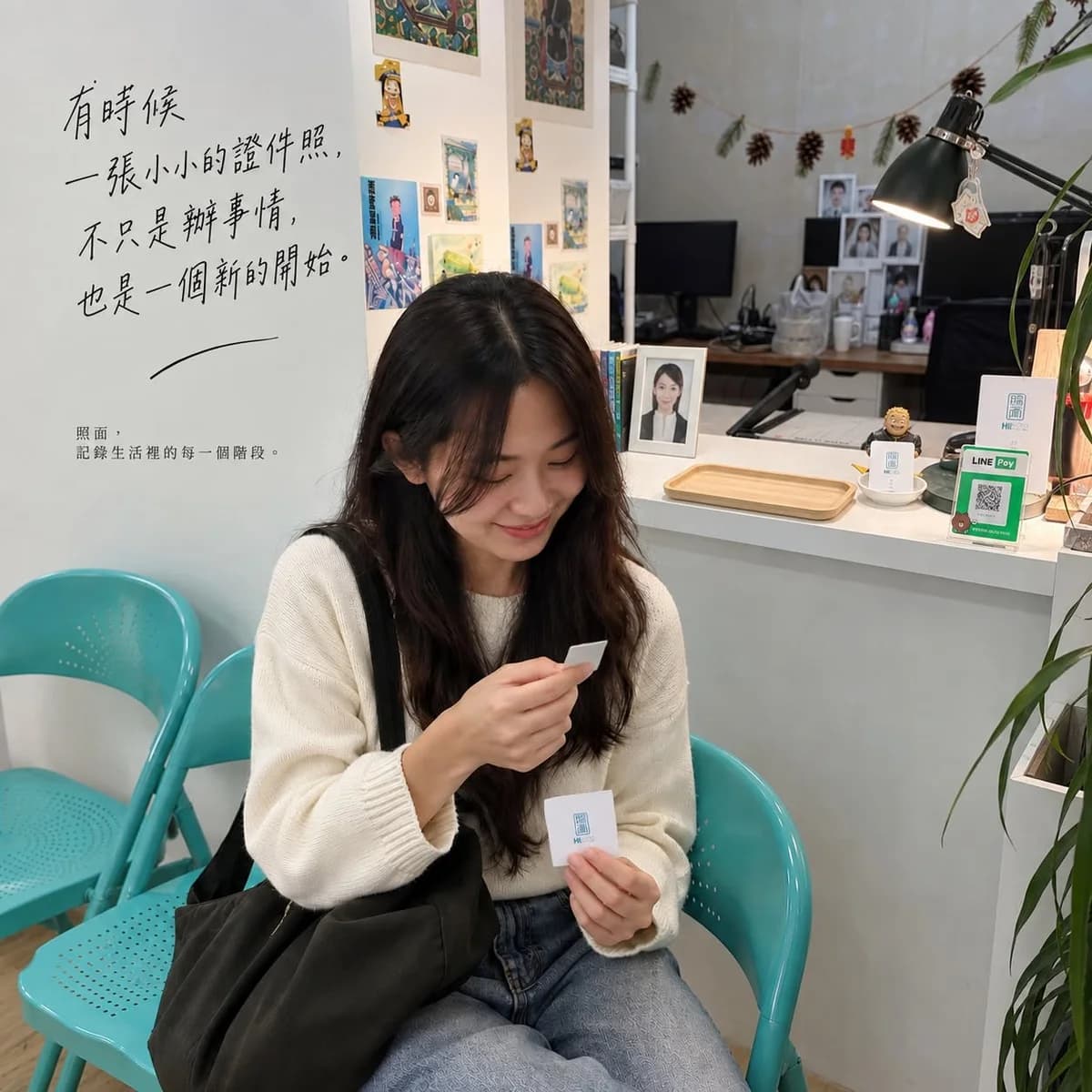 坐在等候區看著照片的女子，AI 情境圖