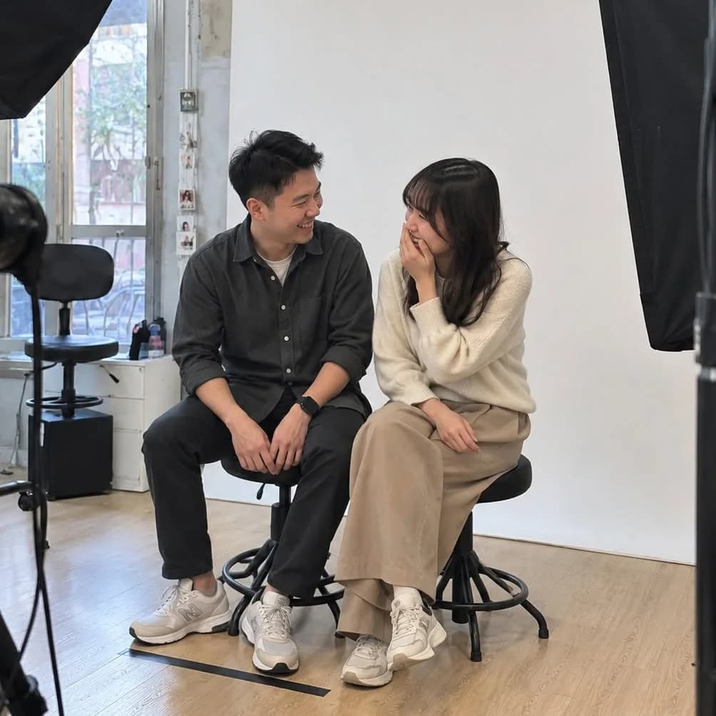 坐在攝影棚裡相視而笑的兩人，AI 情境圖