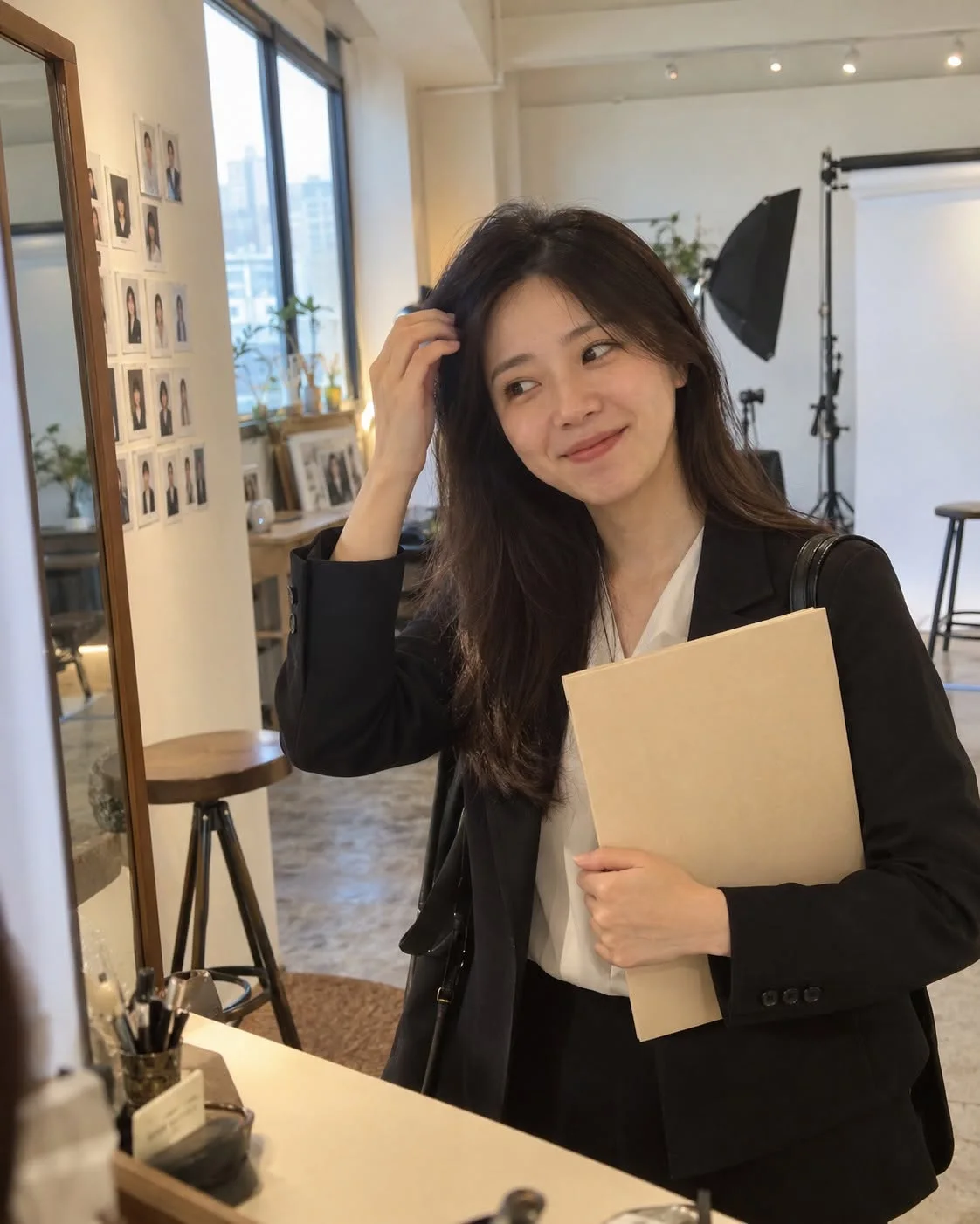 拿著資料、準備拍履歷照的女子，AI 情境圖