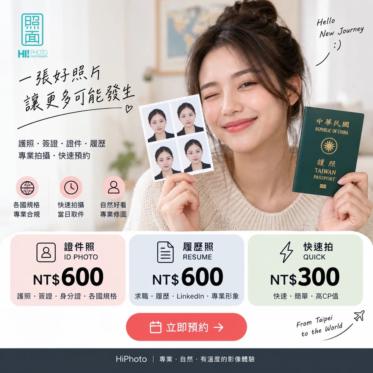 女子拿著護照與證件照，搭配照面服務介紹的原貼文 AI 情境圖