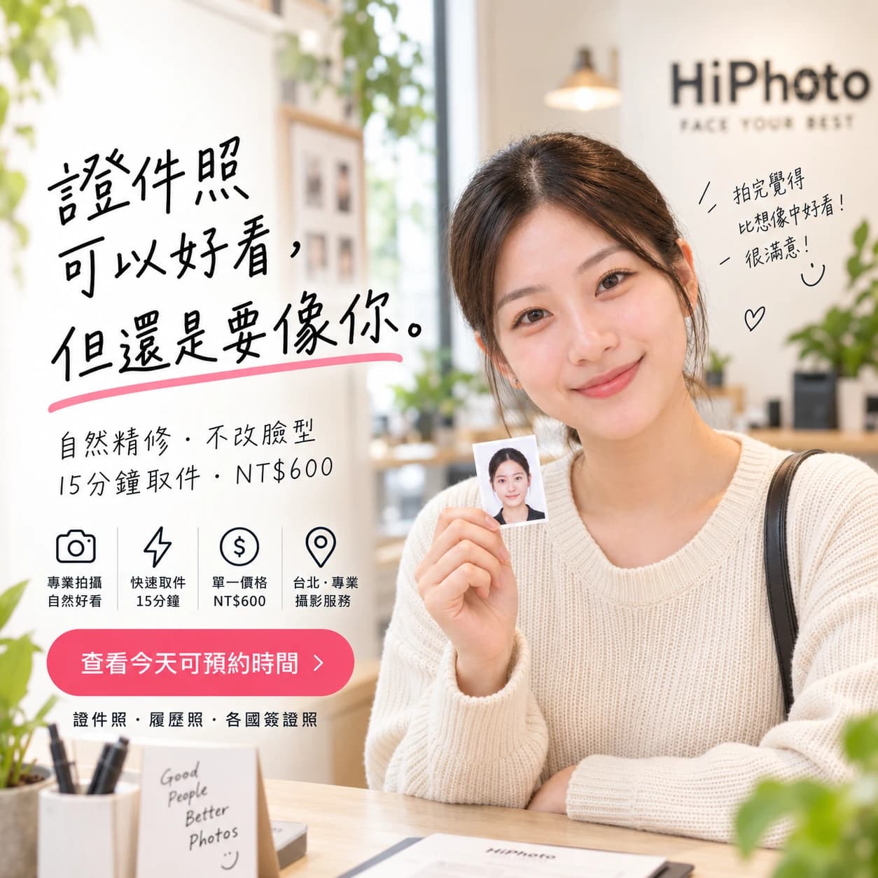 女子手拿證件照，搭配自然精修介紹的原貼文 AI 情境圖