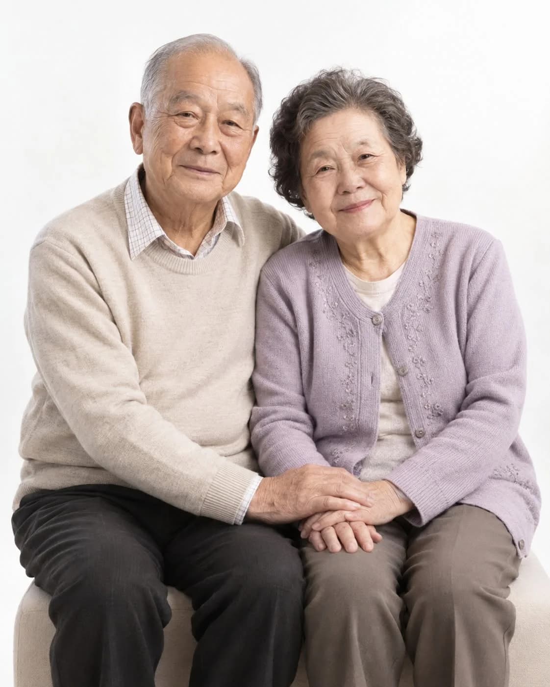 牽手並肩坐著的長輩夫妻，AI 情境圖