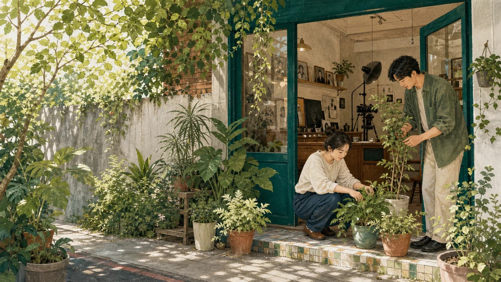 照面夥伴一起整理店門前花草與工作空間的情境插畫